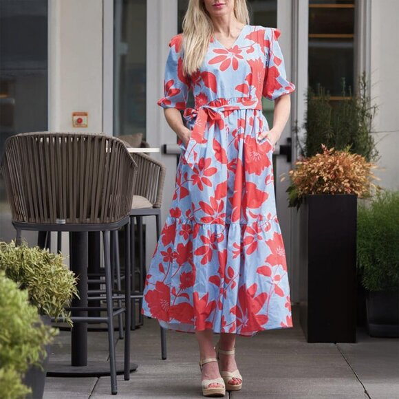 Maude Vivante Dresses & Skirts - Maude Vivante Molly Blue Pink Floral Cotton Maxi Dress Size L